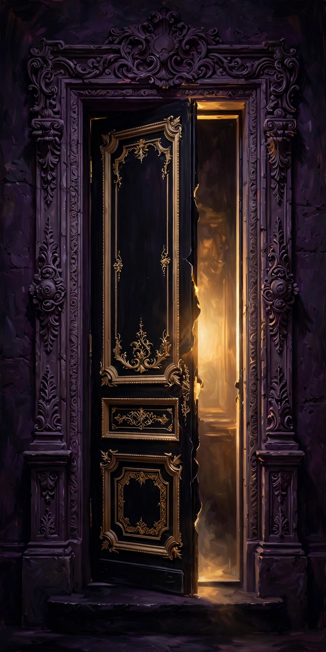 Aubergine and champagne gold doorway glowing with warm mysterious light