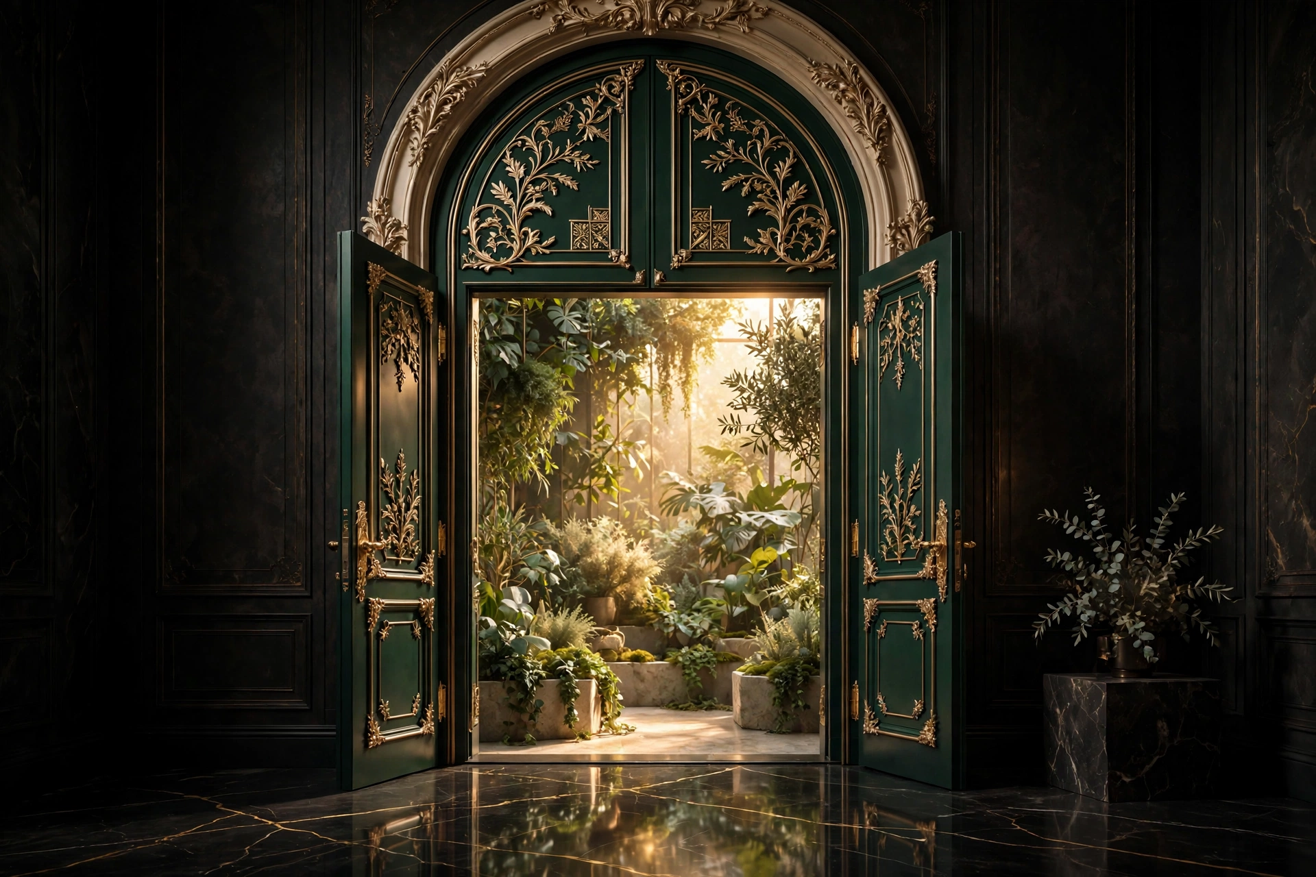 Grand emerald and champagne gold arched doorway glowing with warm light