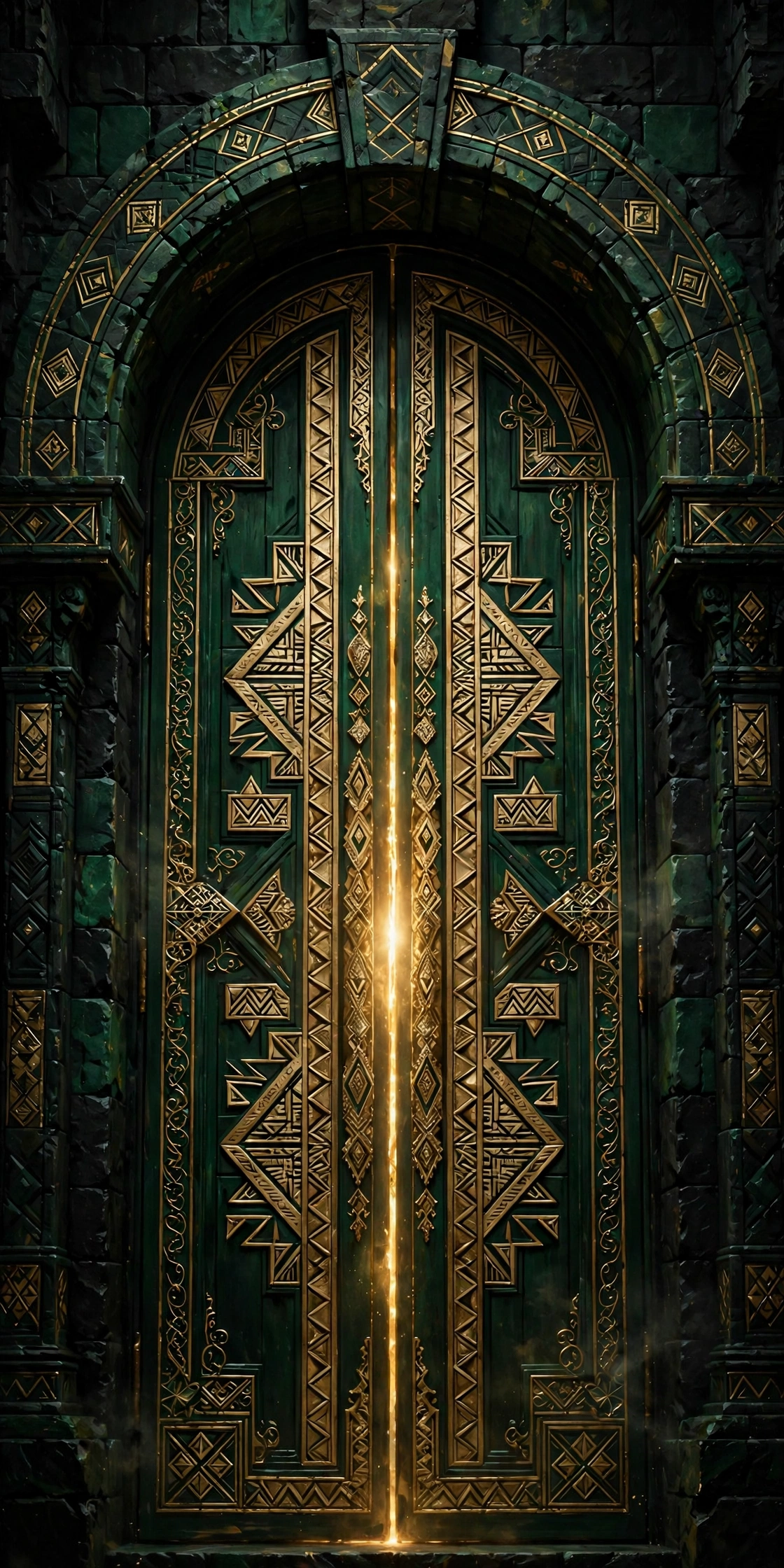 Emerald and champagne gold boutique doorway, open to reveal glowing garments within
