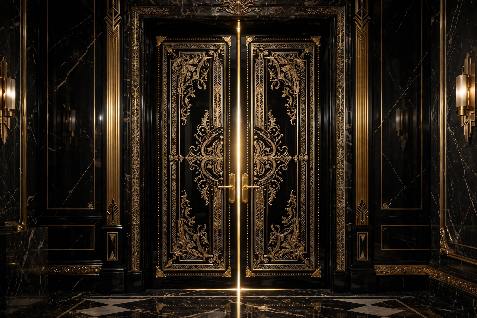 Imposing black and champagne gold double doors, closed, glowing with mystery