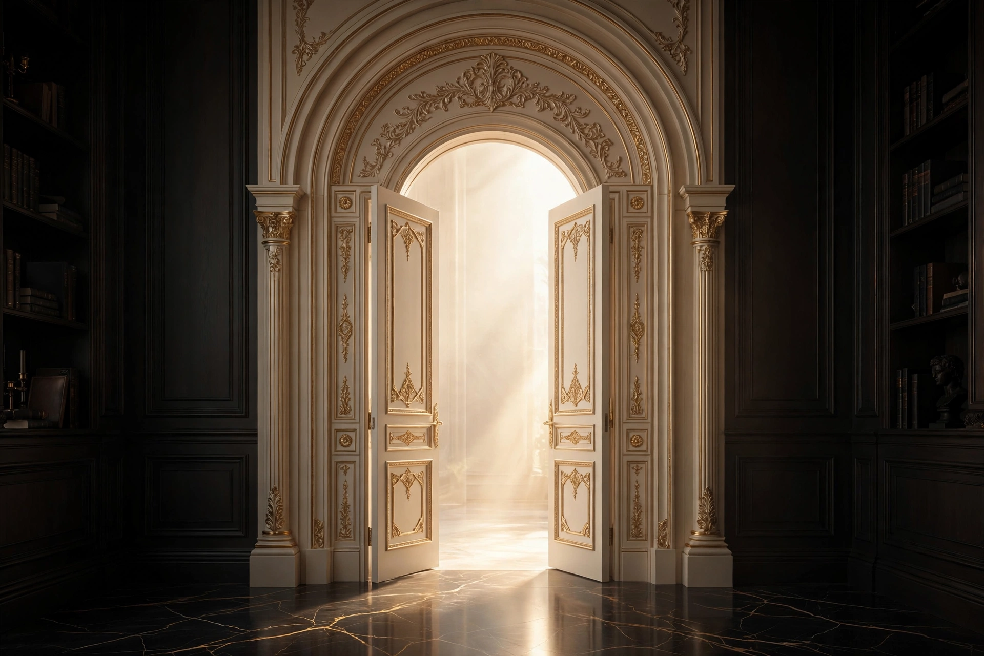 Grand ecru and champagne gold arched doorway glowing with light