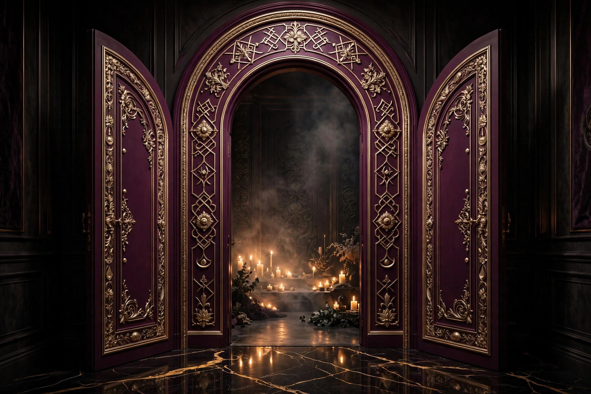 Grand aubergine and champagne gold arched doorway glowing with candlelight