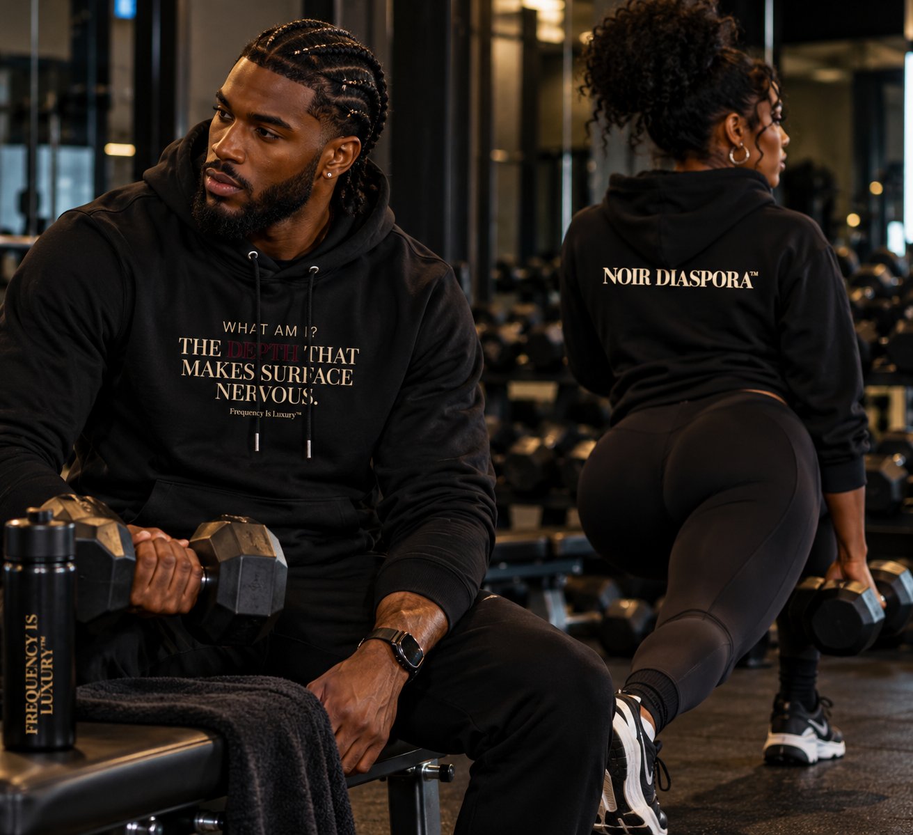 A man and woman in Noir Diaspora hoodies training in a luxury gym