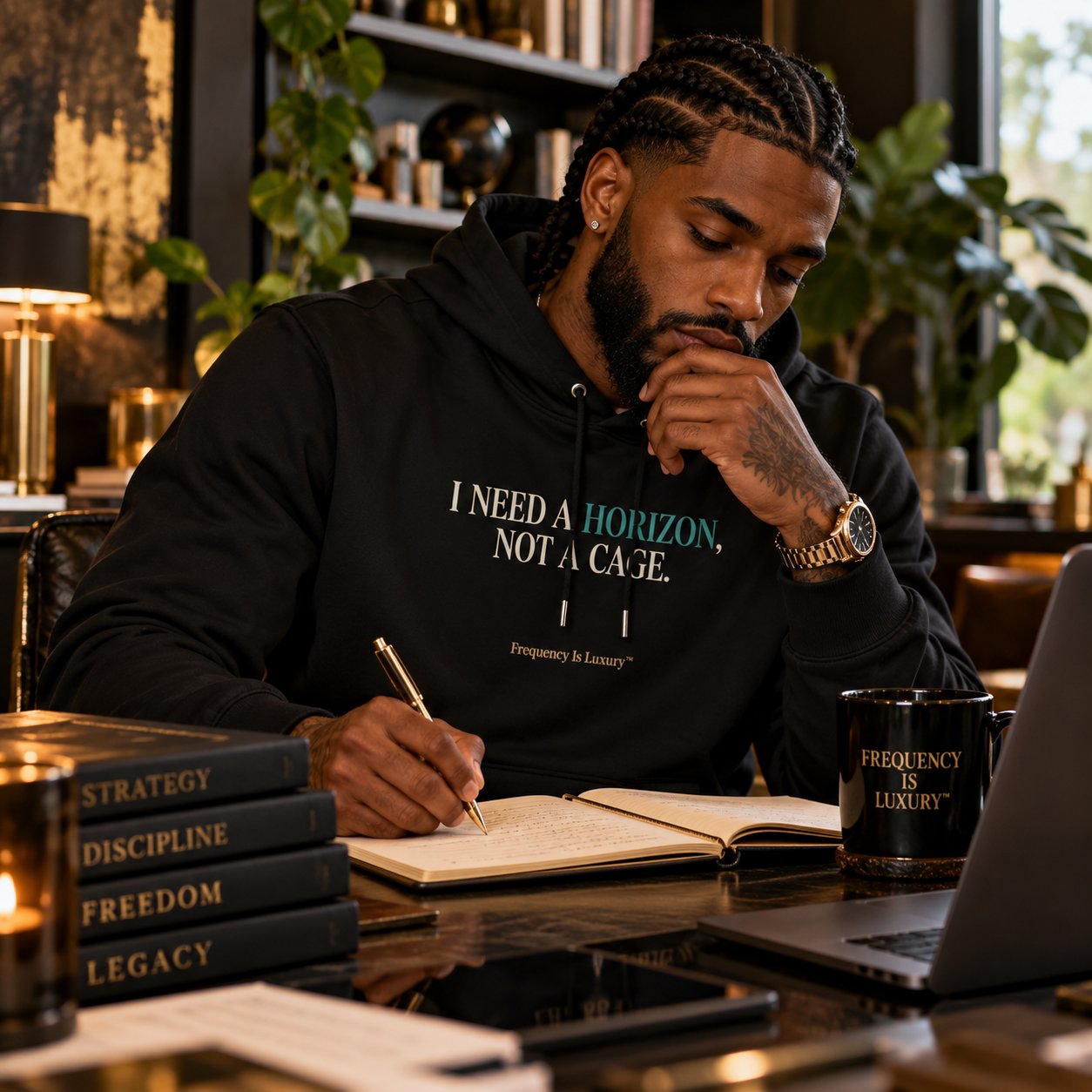 A man in a Noir Diaspora hoodie writing at a luxurious desk