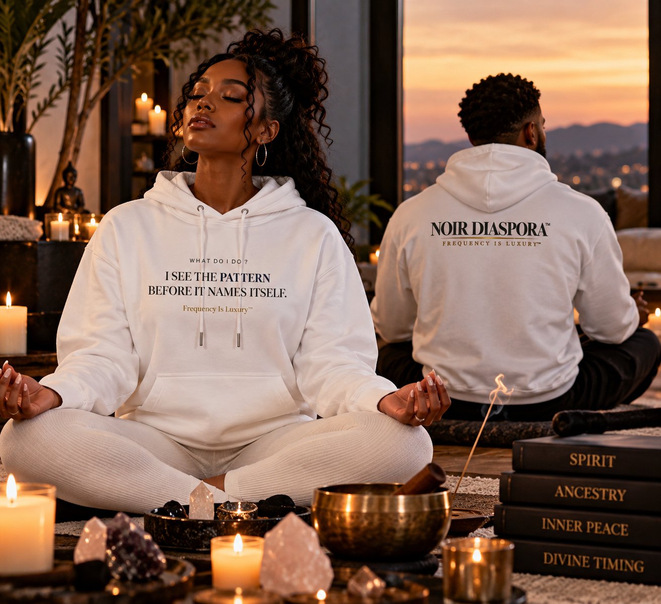 A woman in a white Noir Diaspora hoodie meditating among candles and crystals